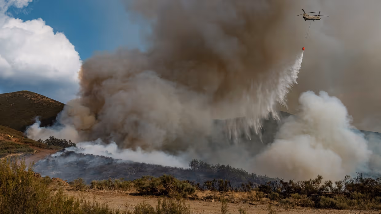  Links: een helikopter blust een brand. Rechts: fotograaf poseert met oorkonde. 