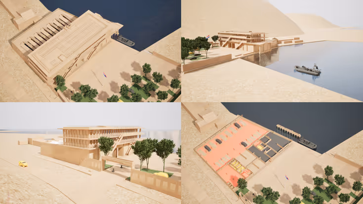 4 verschillende impressies van de nieuwbouw van Marinesteunpunt Sint-Maarten