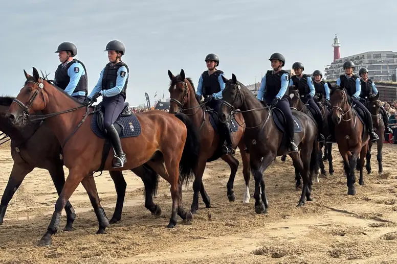 De ruiters met hun paarden op het strand. 