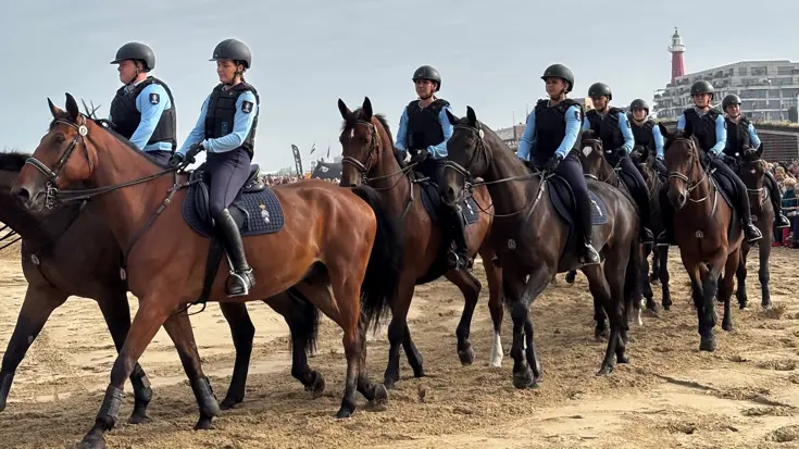 De ruiters met hun paarden op het strand. 