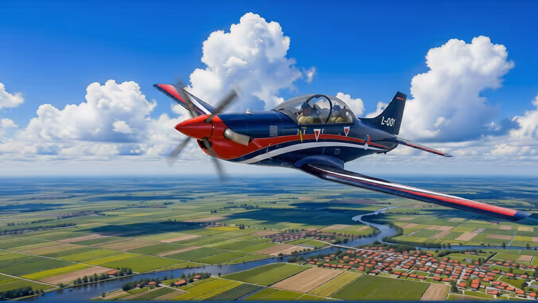 Een artists impression van een PC-7 MKX in Nederlandse kleuren boven een Nederlands landschap met witte wolken.