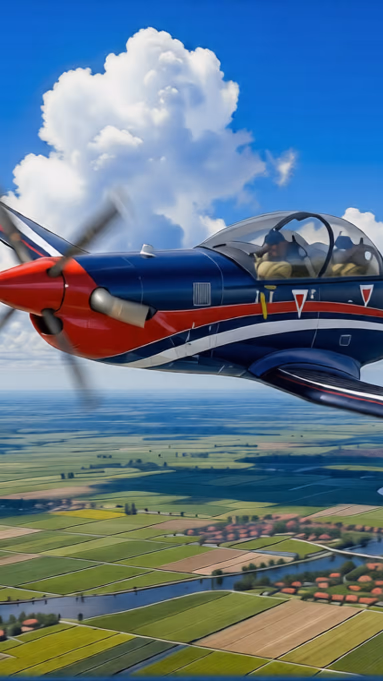 Een artists impression van een PC-7 MKX in Nederlandse kleuren boven een Nederlands landschap met witte wolken.