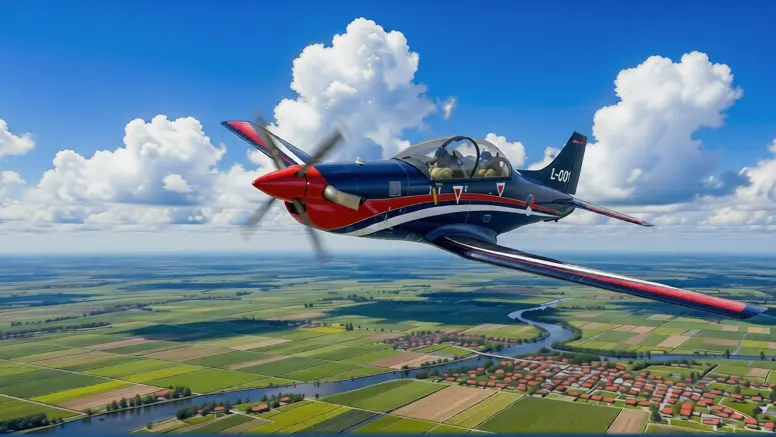 Een artists impression van een PC-7 MKX in Nederlandse kleuren boven een Nederlands landschap met witte wolken.