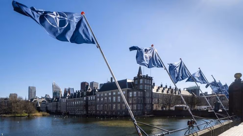 NAVO-vlaggen wapperen aan de Hofvijver in Den Haag met het Binnenhof op de achtergrond.