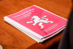 Stapeltje rapporten met rode kaft en afbeelding witte leeuw op houten tafel.