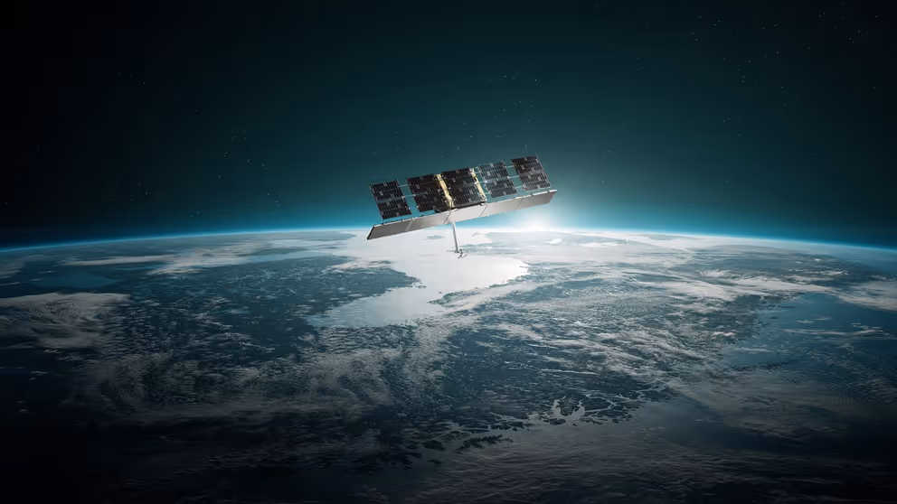  Satelliet zweet boven de aarde in de ruimte.
