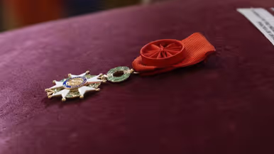 Medaille op een bordeaux rood kussen.