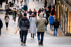 Ruggen van lopende mensen in een winkelstraat.
