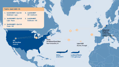 infographic Vliegende Hollander - V2-01: Kaartje van het westen van Europa tot en met de VS met daarop de lijnen hoe de vliegtuigen hebben gevlogen.