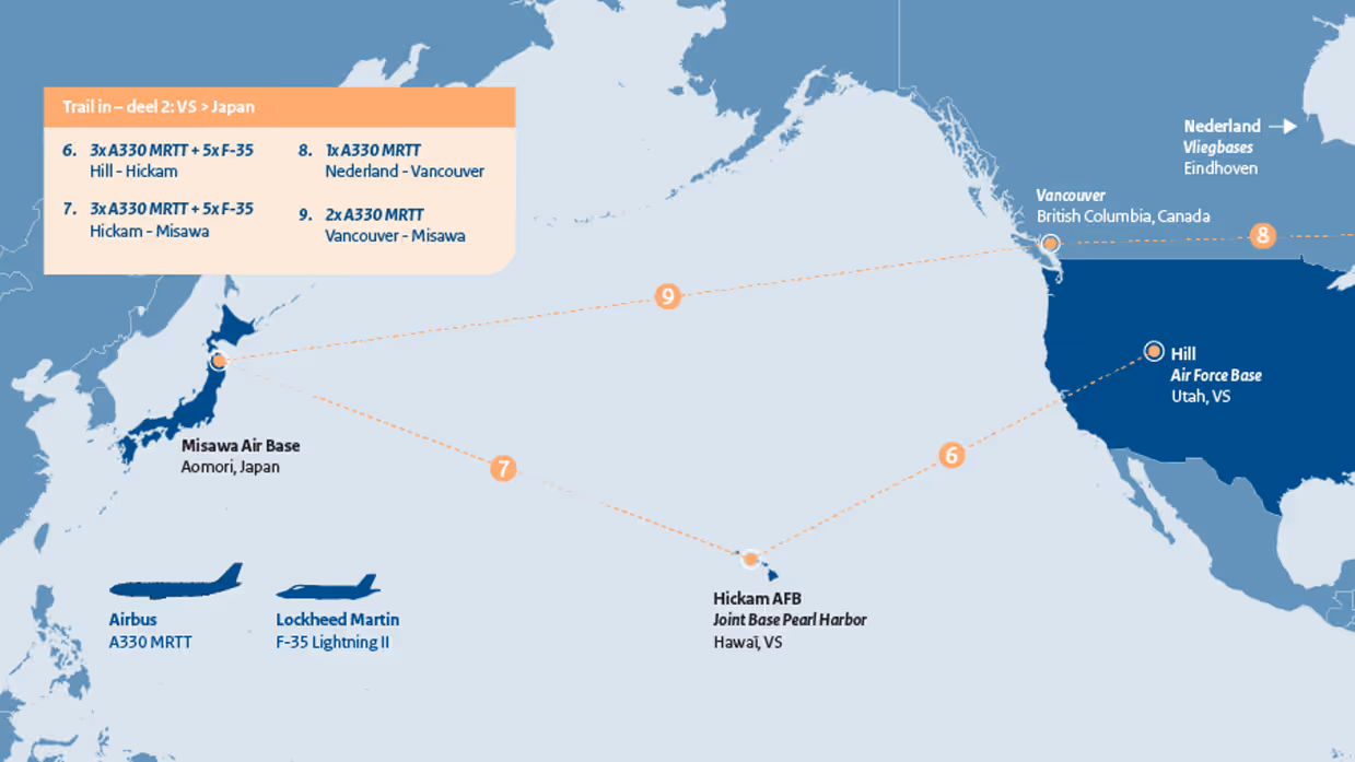 Kaartje van het westen van de VS tot en met Japan met daarop de lijnen hoe de vliegtuigen hebben gevlogen.