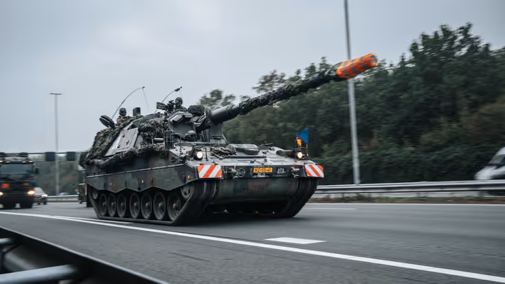 Een Pantserhouwitser rijdt over de snelweg, daarachter een vrachtwagen.