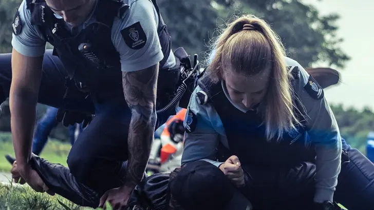 Vrouwelijke en mannelijke marechaussee houden een persoon tegen de grond.