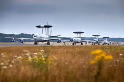 4 Awacs-toestellen op de landingsbaan met bloemetjes op de voorgrond.