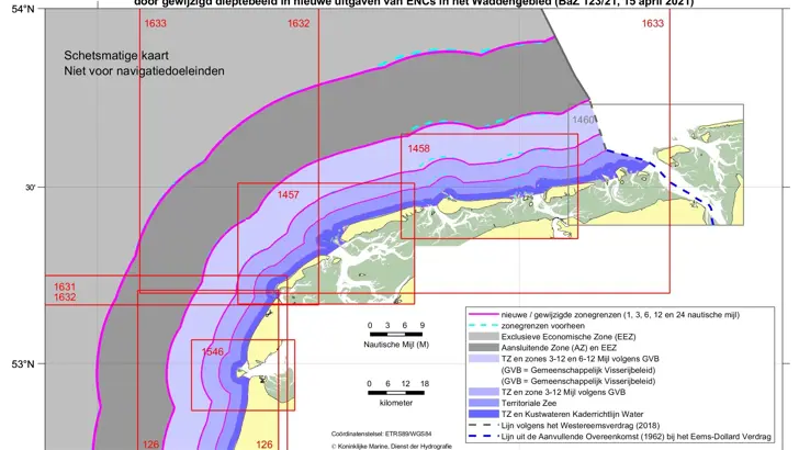 Gewijzigde zonegrenzen nabij de Waddeneilanden naar aanleiding van gewijzigd dieptebeeld op verschillende zeekaarten. De maximale wijziging bedraagt -2000 meter (1 M-lijn), -1500m (3, 6 en 12 M-lijn) en -1200 m (24 M-lijn).