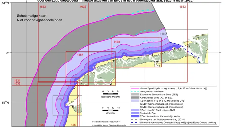 Gewijzigde zonegrenzen nabij de Waddeneilanden naar aanleiding van gewijzigd dieptebeeld op verschillende zeekaarten. De maximale wijziging bedraagt -3200 meter (1 en 3 M-lijn), -3000m (6 M-lijn), -2900 (12 M-lijn) en -2700 m (24 M-lijn).