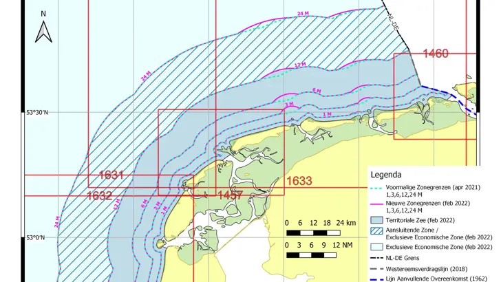 Gewijzigde zonegrenzen langs de gehele Nederlandse kust naar aanleiding van gewijzigd dieptebeeld op verschillende zeekaarten. De maximale wijzigingen nabij de Waddeneilanden bedragen: +900 meter (1 Mijlslijn), +2600 meter (3, 6 en 12 Mijlslijn), +2200 meter (24 Mijlslijn).